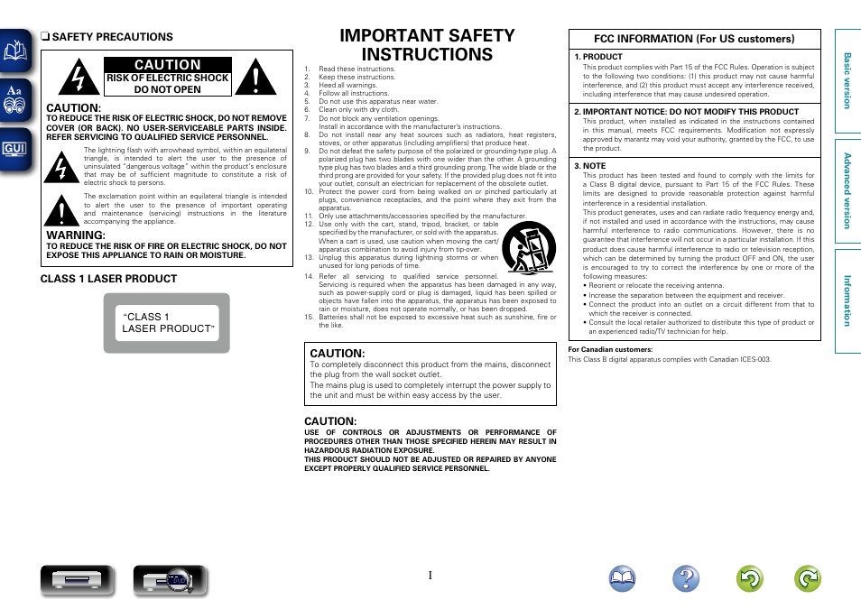 Important safety instructions, Caution, Warning | Marantz UD7007 User Manual | Page 2 / 81