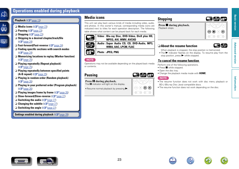 Operations enabled during playback, Stopping, Media icons | Pausing | Marantz UD7007 User Manual | Page 26 / 81