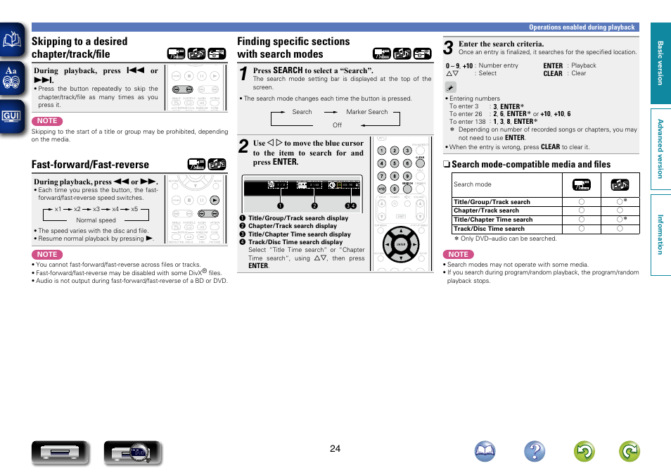 Skipping to a desired chapter/track/file, Fast-forward/fast-reverse, Finding specific sections with search modes | Marantz UD7007 User Manual | Page 27 / 81