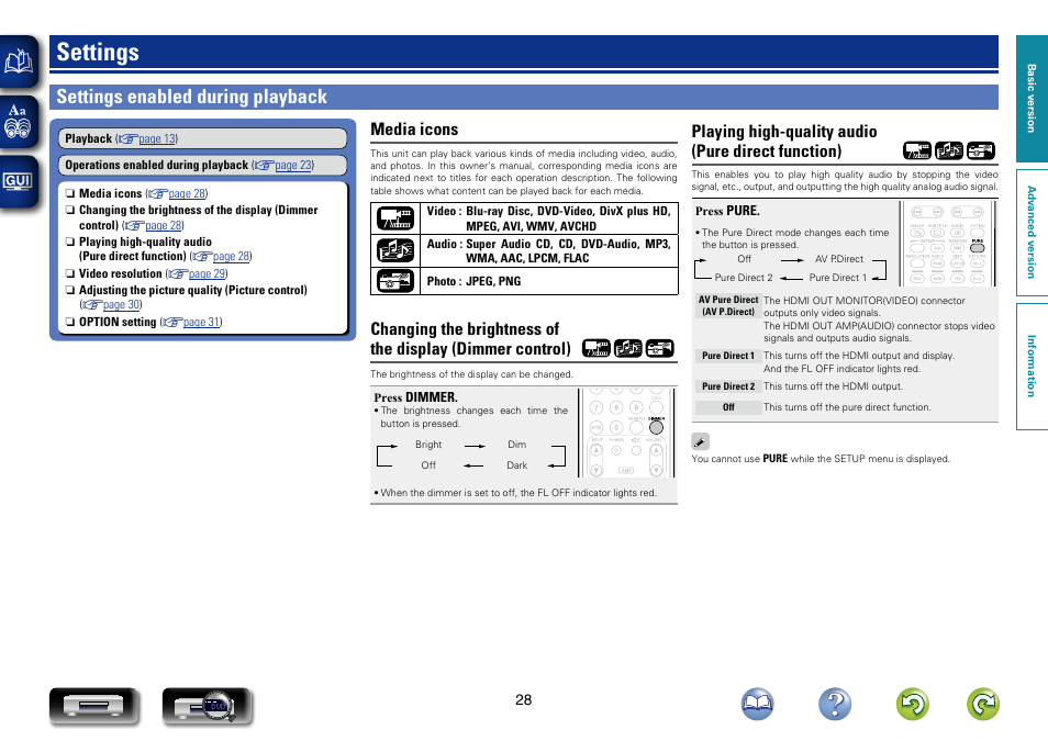 Settings, Settings enabled during playback, Media icons | Playing high-quality audio (pure direct function) | Marantz UD7007 User Manual | Page 31 / 81