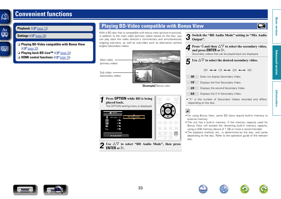 Convenient functions, Playing bd-video compatible with bonus view, Switch the bd audio | On the disc, Playing bd-video compatible with bonus, View”) | Marantz UD7007 User Manual | Page 36 / 81