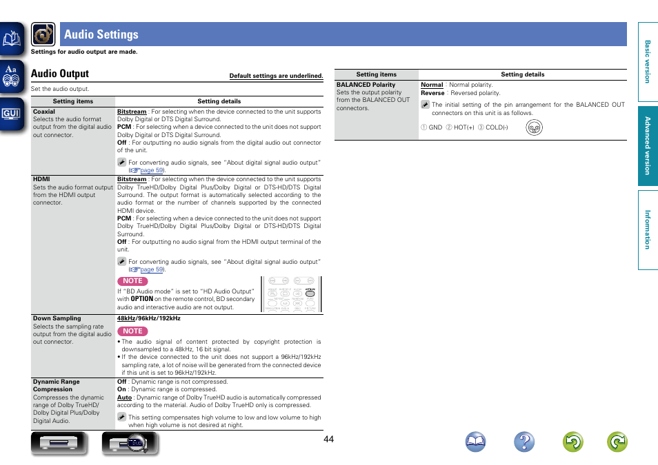Audio settings, Audio output, Down sampling”) | Marantz UD7007 User Manual | Page 47 / 81