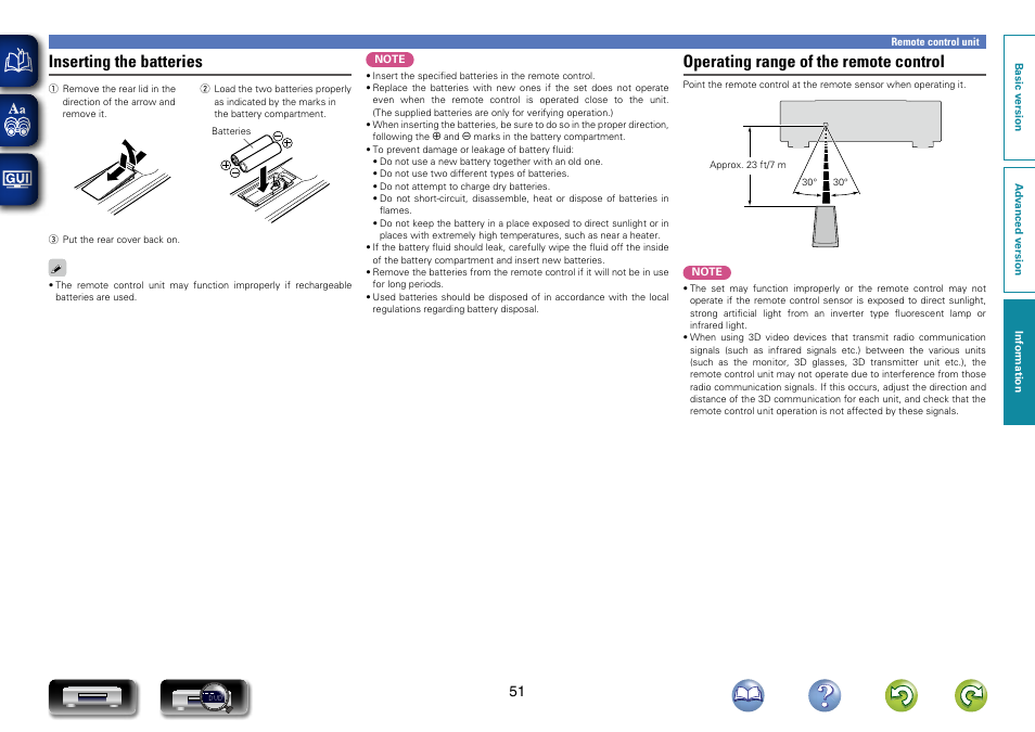 Inserting the batteries”), Inserting the batteries, Operating range of the remote control | Marantz UD7007 User Manual | Page 54 / 81