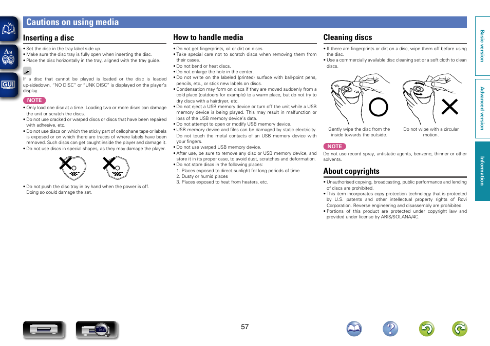 Cautions on using media, Inserting a disc, How to handle media | Cleaning discs, About copyrights | Marantz UD7007 User Manual | Page 60 / 81