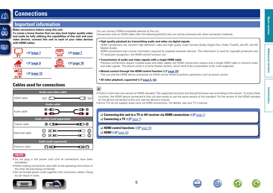 Connections, Important information, Cables used for connections | Marantz UD7007 User Manual | Page 8 / 81