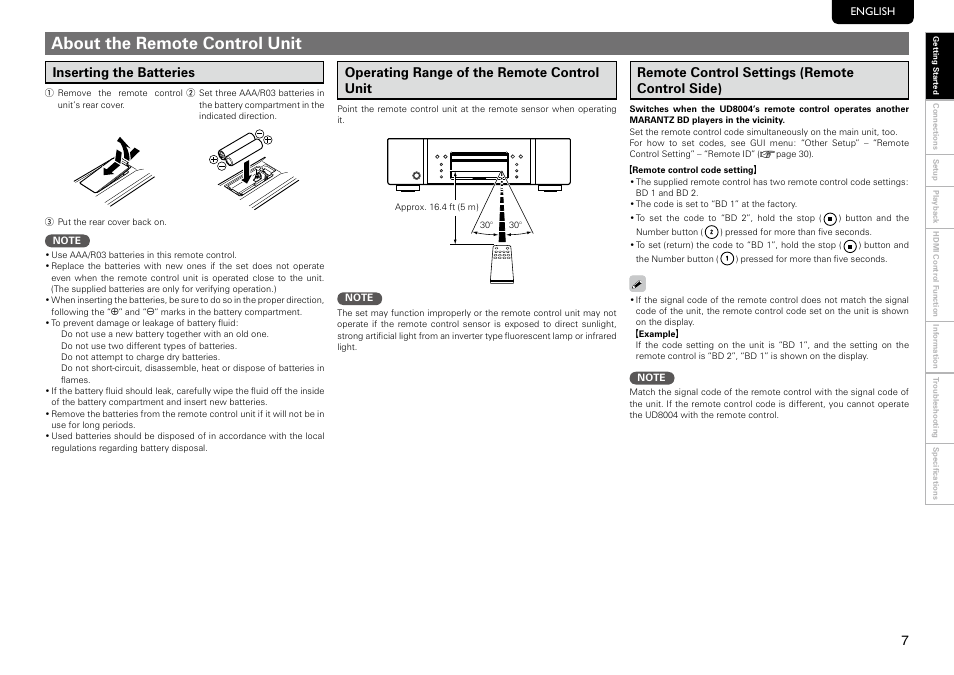 About the remote control unit, Inserting the batteries, Operating range of the remote control unit | Remote control settings (remote control side) | Marantz UD8004 User Manual | Page 11 / 69