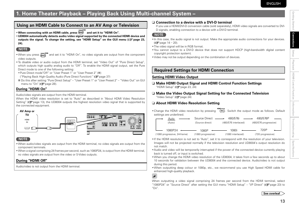 Required settings for hdmi connection | Marantz UD8004 User Manual | Page 17 / 69