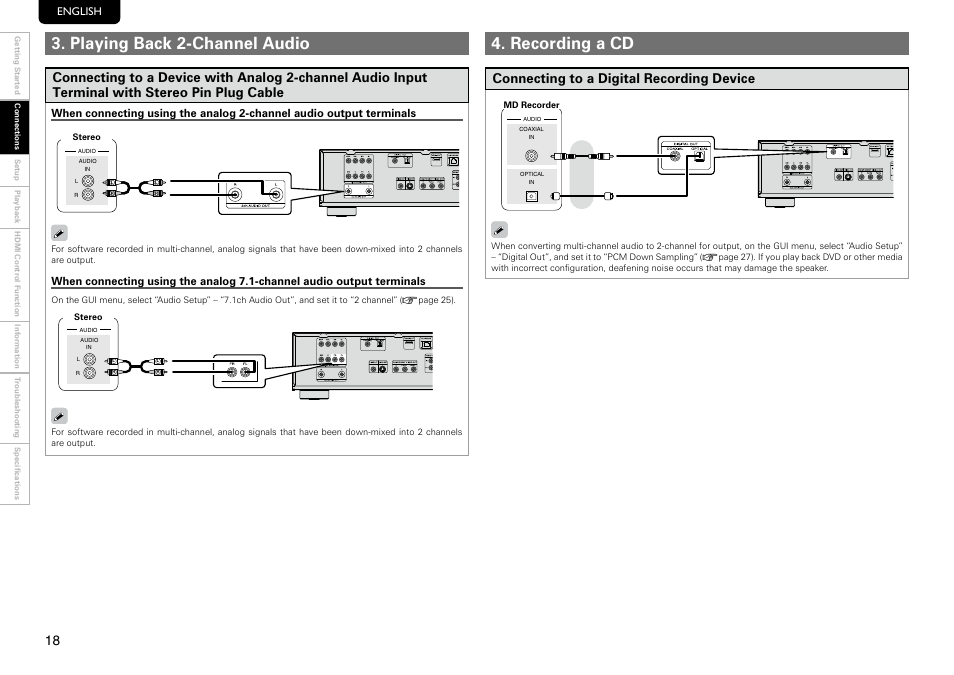 Playing back 2-channel audio, Recording a cd, Connecting to a digital recording device | English | Marantz UD8004 User Manual | Page 22 / 69