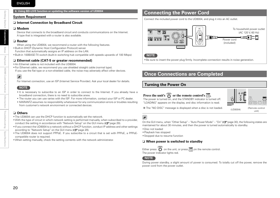 Connecting the power cord, Once connections are completed, Turning the power on | Marantz UD8004 User Manual | Page 24 / 69