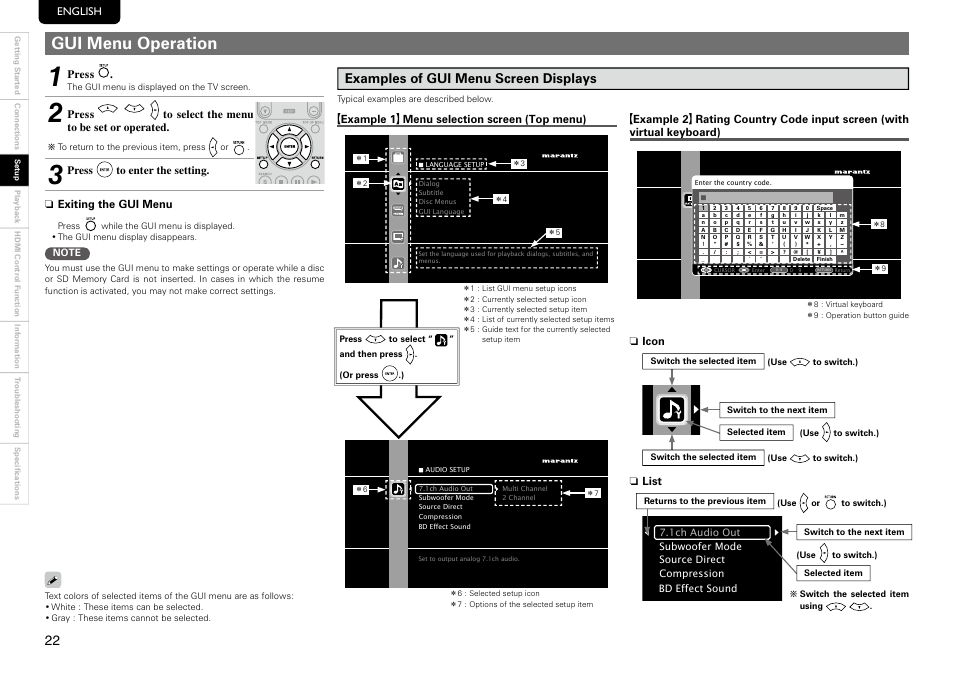 Gui menu operation, Examples of gui menu screen displays, English | Exiting the gui menu, Press, Press to select the menu to be set or operated, Press to enter the setting | Marantz UD8004 User Manual | Page 26 / 69