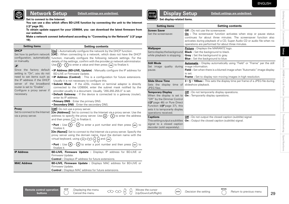 Network setup, Display setup | Marantz UD8004 User Manual | Page 33 / 69