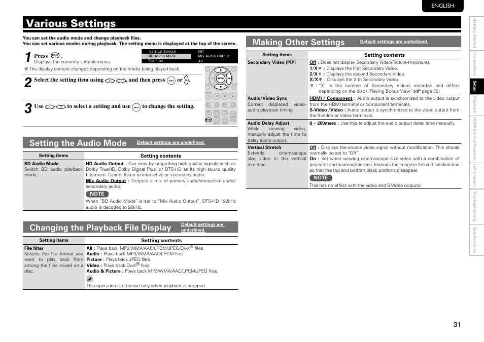 Various settings, Changing the playback file display, Making other settings | Setting the audio mode | Marantz UD8004 User Manual | Page 35 / 69