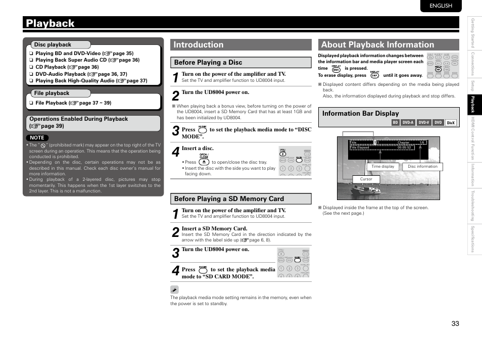 Playback, Introduction, About playback information | Marantz UD8004 User Manual | Page 37 / 69