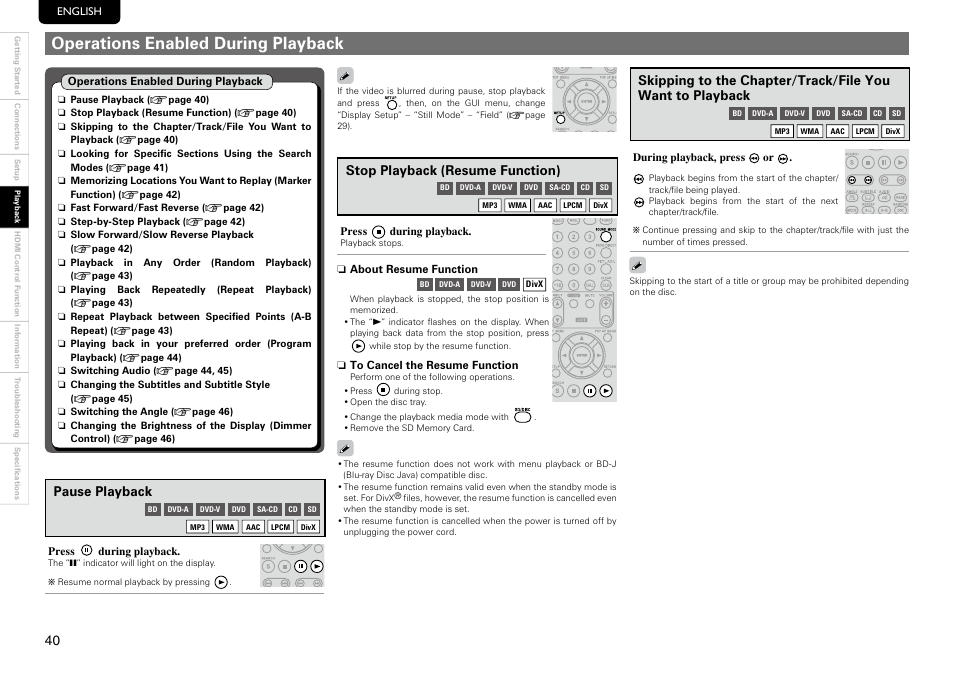 Operations enabled during playback, Pause playback, Stop playback ( resume function) | Marantz UD8004 User Manual | Page 44 / 69