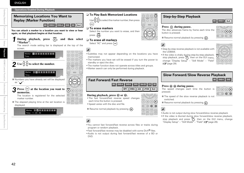 Fast forward/fast reverse, Step-by-step playback, Slow forward/slow reverse playback | Marantz UD8004 User Manual | Page 46 / 69