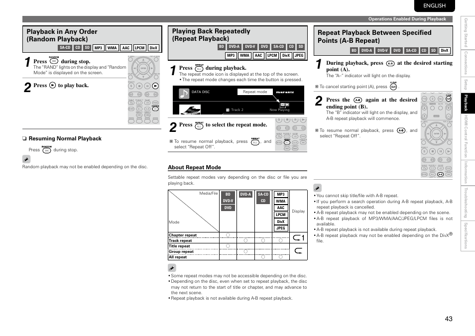 Playing back repeatedly (repeat playback), Playback in any order (random playback) | Marantz UD8004 User Manual | Page 47 / 69