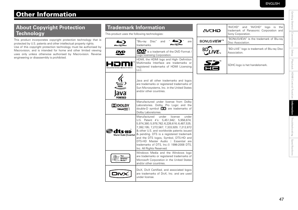 Other information | Marantz UD8004 User Manual | Page 51 / 69