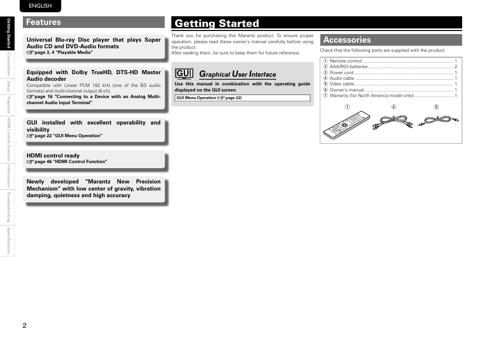 Getting started, Features, Accessories | Marantz UD8004 User Manual | Page 6 / 69