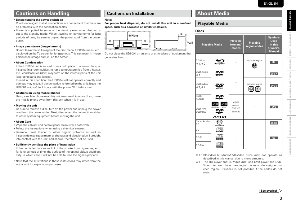 Cautions on handling, About media, Cautions on installation | Playable media | Marantz UD8004 User Manual | Page 7 / 69