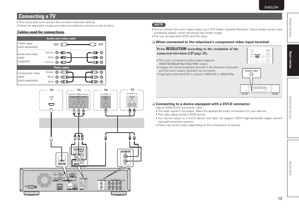 Connecting a tv, Cables used for connections, Resolution | English | Marantz UD7006 User Manual | Page 17 / 76