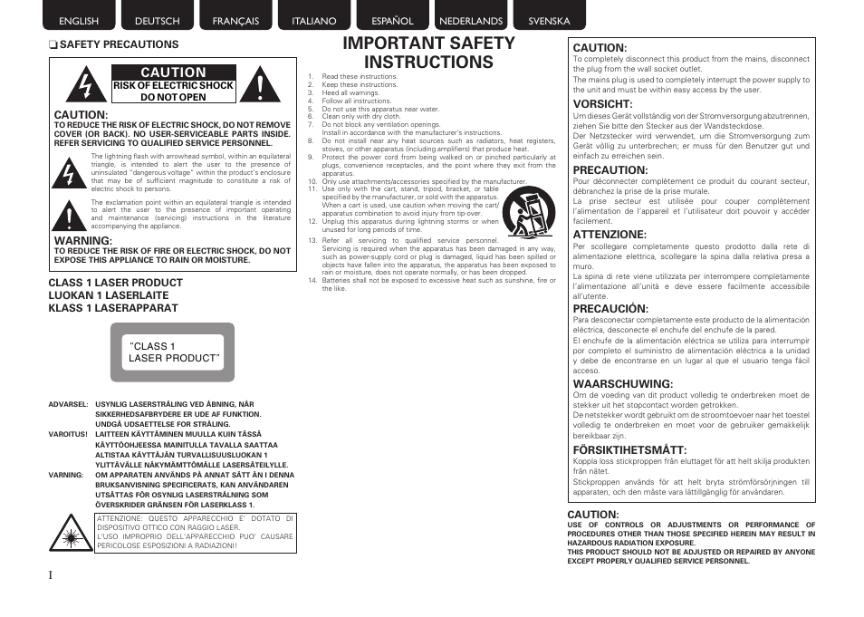 Important safety instructions, Caution | Marantz UD7006 User Manual | Page 2 / 76