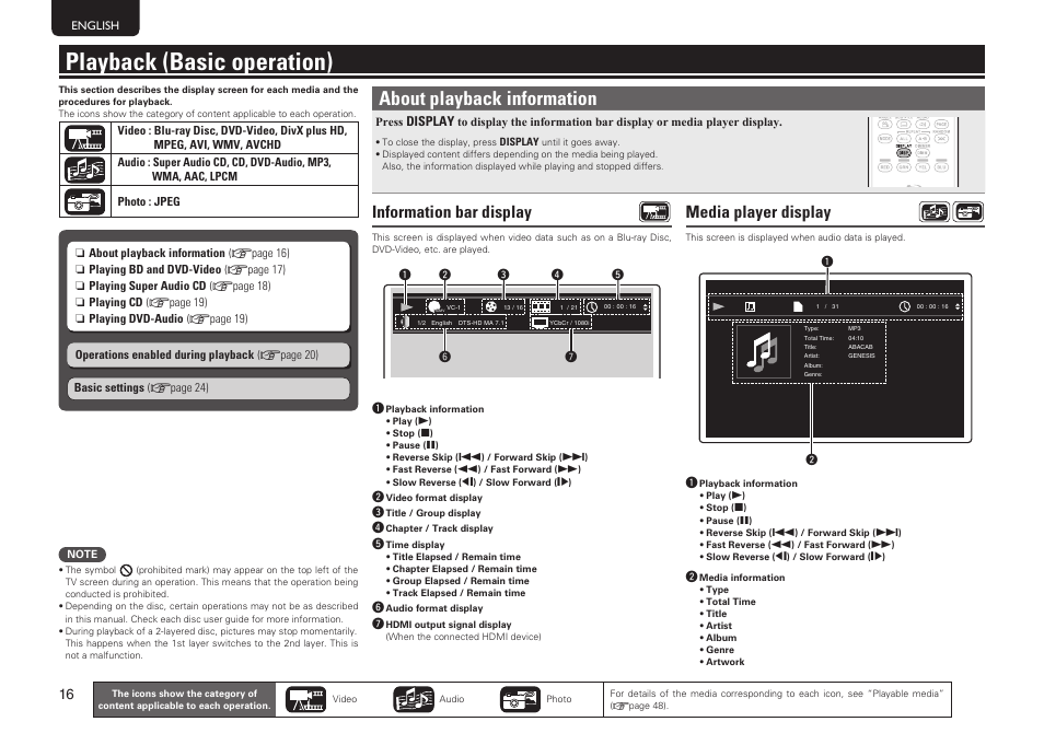 Playback (basic operation), About playback information, Information bar display | Media player display | Marantz UD7006 User Manual | Page 20 / 76