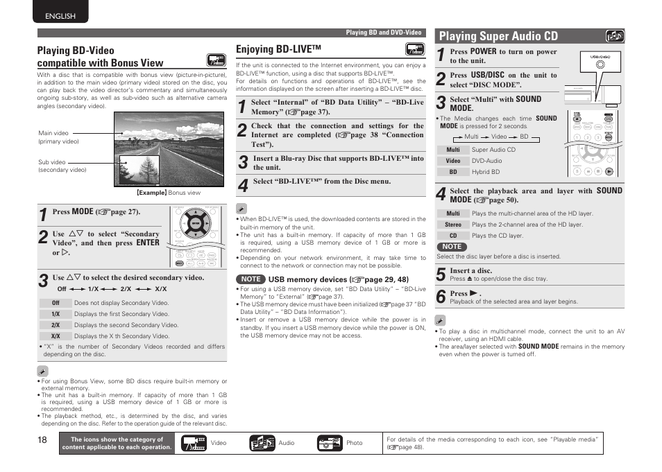 Playing super audio cd, Playing bd-video compatible with bonus view, Enjoying bd-live | Marantz UD7006 User Manual | Page 22 / 76