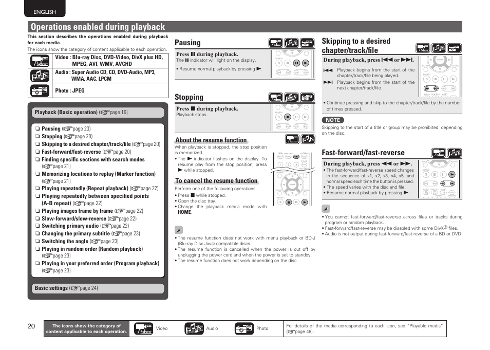 Operations enabled during playback, Skipping to a desired chapter/track/file, Fast-forward/fast-reverse | Pausing, Stopping | Marantz UD7006 User Manual | Page 24 / 76