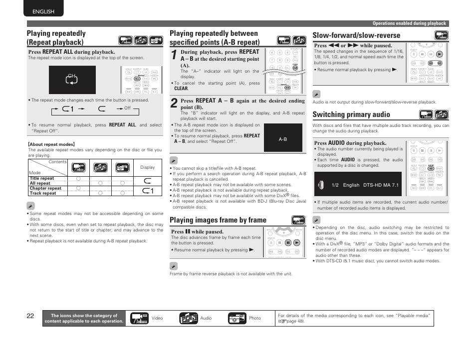Playing repeatedly (repeat playback), Playing images frame by frame, Slow-forward/slow-reverse | Switching primary audio | Marantz UD7006 User Manual | Page 26 / 76
