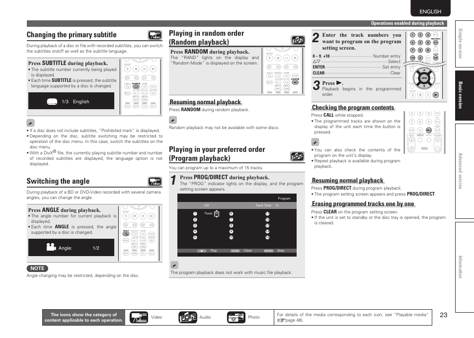 Playing in random order (random playback), Playing in your preferred order (program playback), Changing the primary | Subtitle, Switching the angle, Resuming normal playback, Checking the program contents, Erasing programmed tracks one by one | Marantz UD7006 User Manual | Page 27 / 76