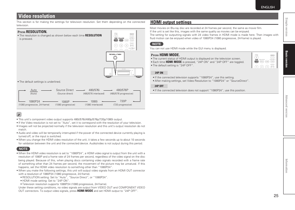 Video resolution, Hdmi output settings | Marantz UD7006 User Manual | Page 29 / 76