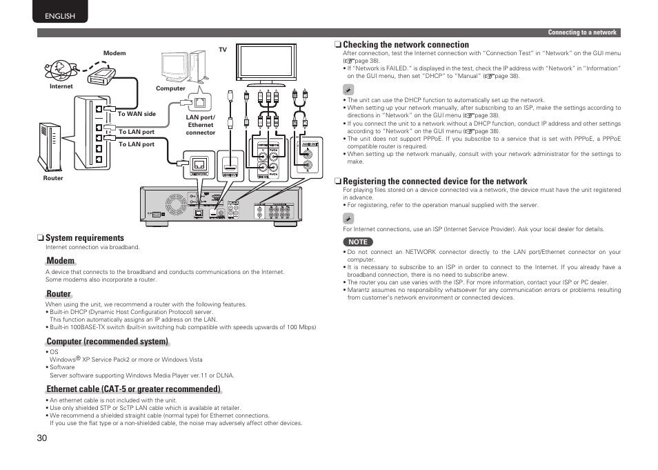 N system requirements, Modem, Router | Computer (recommended system), Ethernet cable (cat-5 or greater recommended), N checking the network connection, N registering the connected device for the network | Marantz UD7006 User Manual | Page 34 / 76
