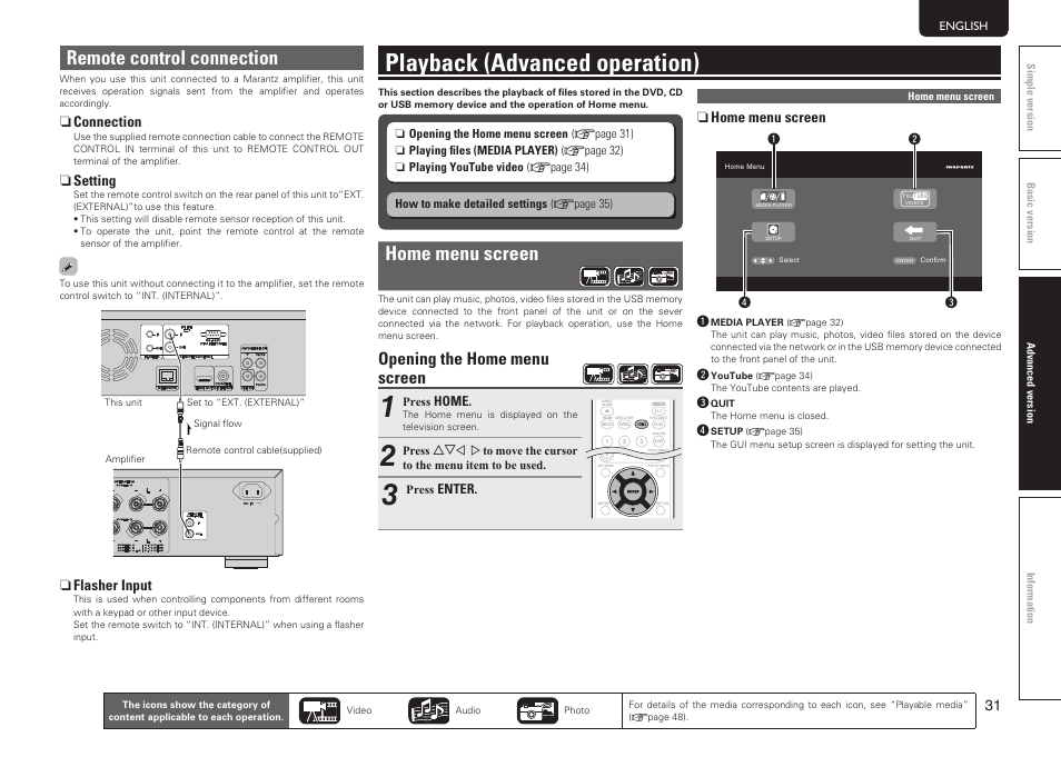 Playback (advanced operation), Home menu screen, Remote control connection | Opening the home menu screen | Marantz UD7006 User Manual | Page 35 / 76