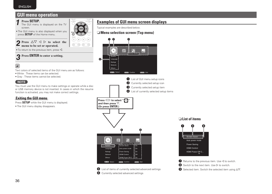 Gui menu operation, Examples of gui menu screen displays, Exiting the gui menu | N menu selection screen (top menu), N list of items | Marantz UD7006 User Manual | Page 40 / 76