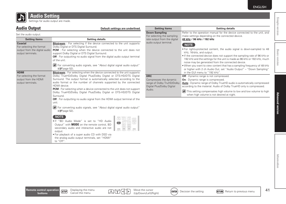 Audio setting, Audio output | Marantz UD7006 User Manual | Page 45 / 76