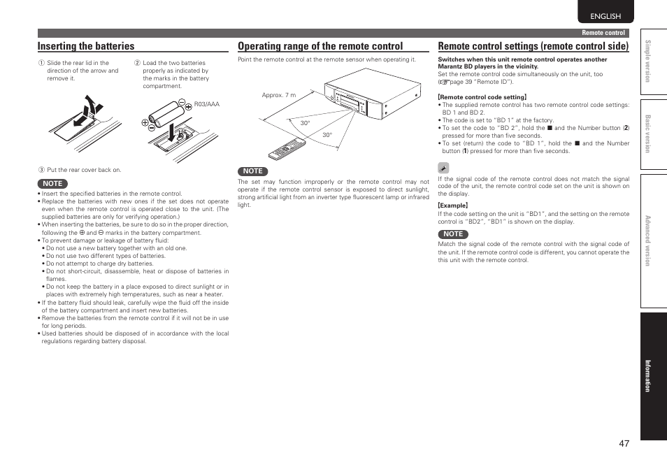 Operating range of the remote control, Inserting the batteries, Remote control settings (remote control side) | Marantz UD7006 User Manual | Page 51 / 76