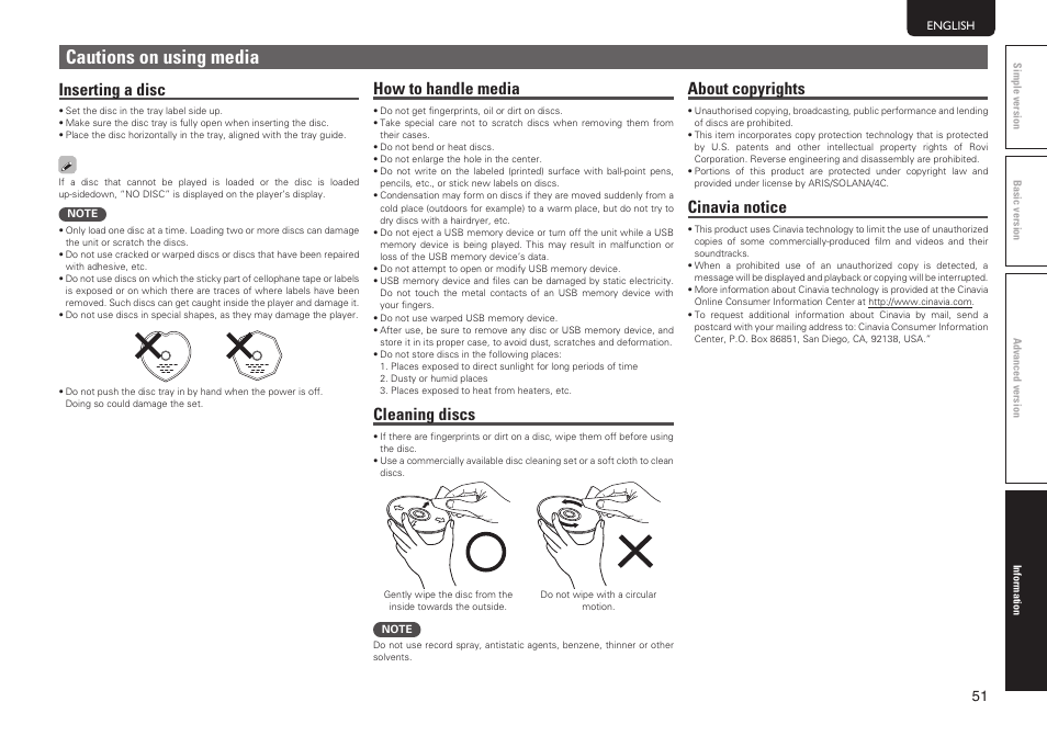 Cautions on using media, Inserting a disc, How to handle media | Cleaning discs, About copyrights, Cinavia notice | Marantz UD7006 User Manual | Page 55 / 76