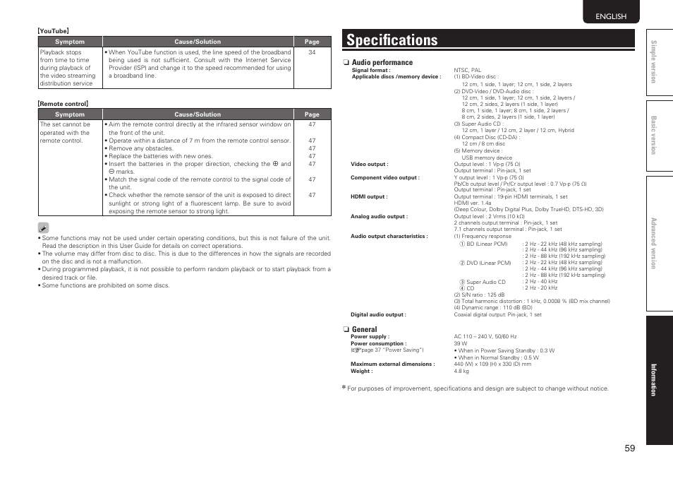 Specifications | Marantz UD7006 User Manual | Page 63 / 76