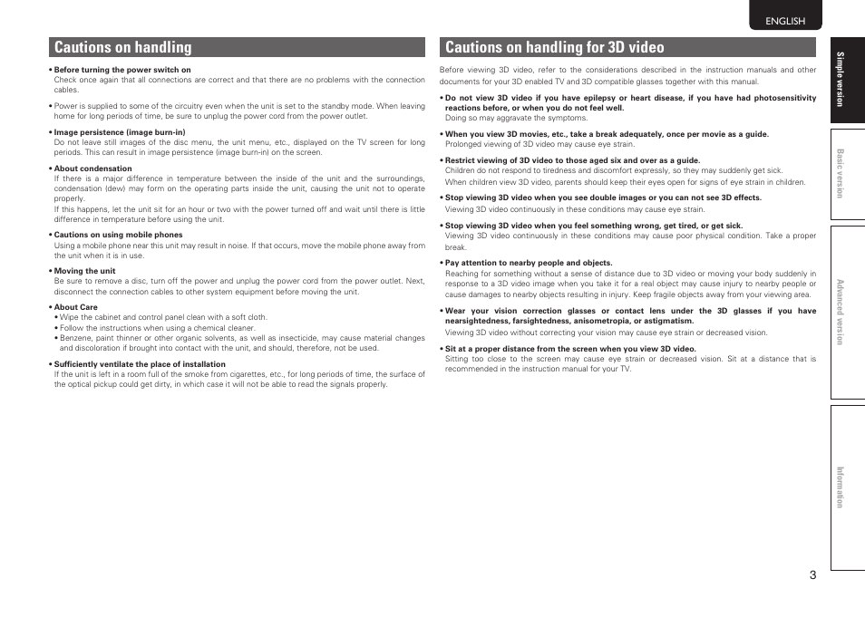 Cautions on handling, Cautions on handling for 3d video | Marantz UD7006 User Manual | Page 7 / 76