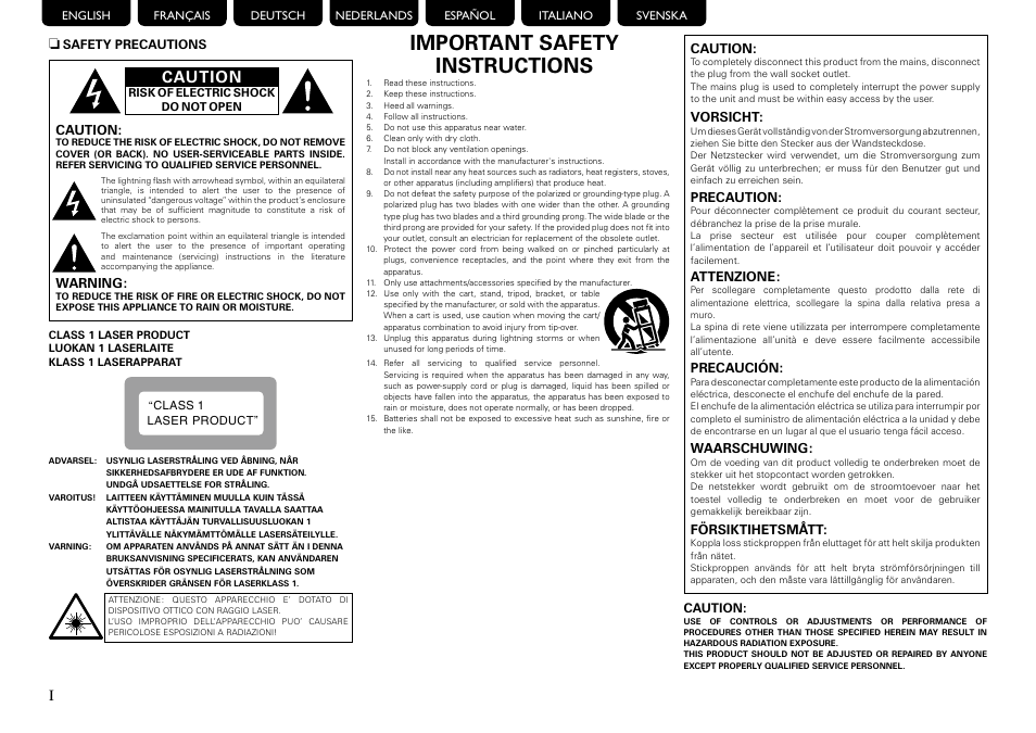 Important safety instructions, Caution | Marantz UD9004 User Manual | Page 2 / 73