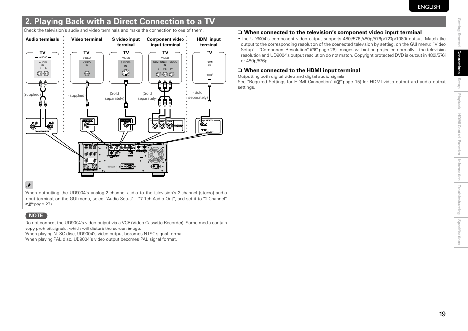 Playing back with a direct connection to a tv, English, When connected to the hdmi input terminal n | Marantz UD9004 User Manual | Page 23 / 73