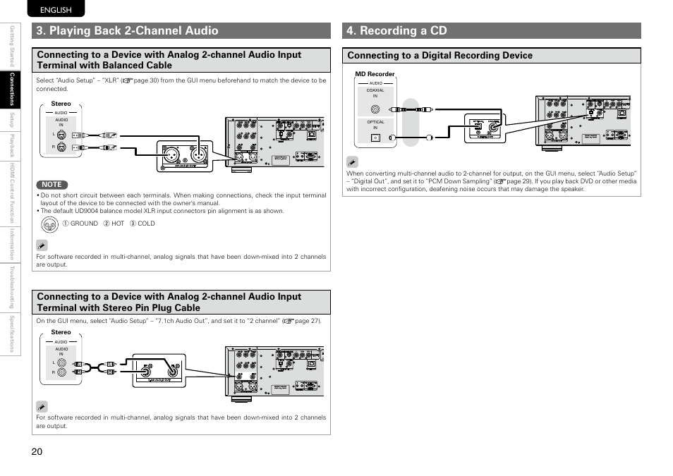 Playing back 2-channel audio, Recording a cd, Connecting to a digital recording device | Marantz UD9004 User Manual | Page 24 / 73