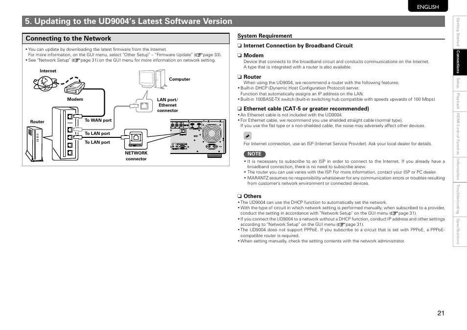 Updating to the ud9004’s latest software version, Connecting to the network | Marantz UD9004 User Manual | Page 25 / 73