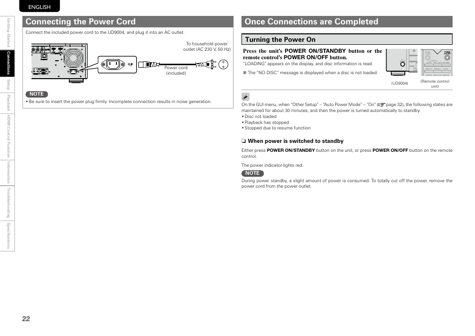 Connecting the power cord, Once connections are completed, Turning the power on | Marantz UD9004 User Manual | Page 26 / 73