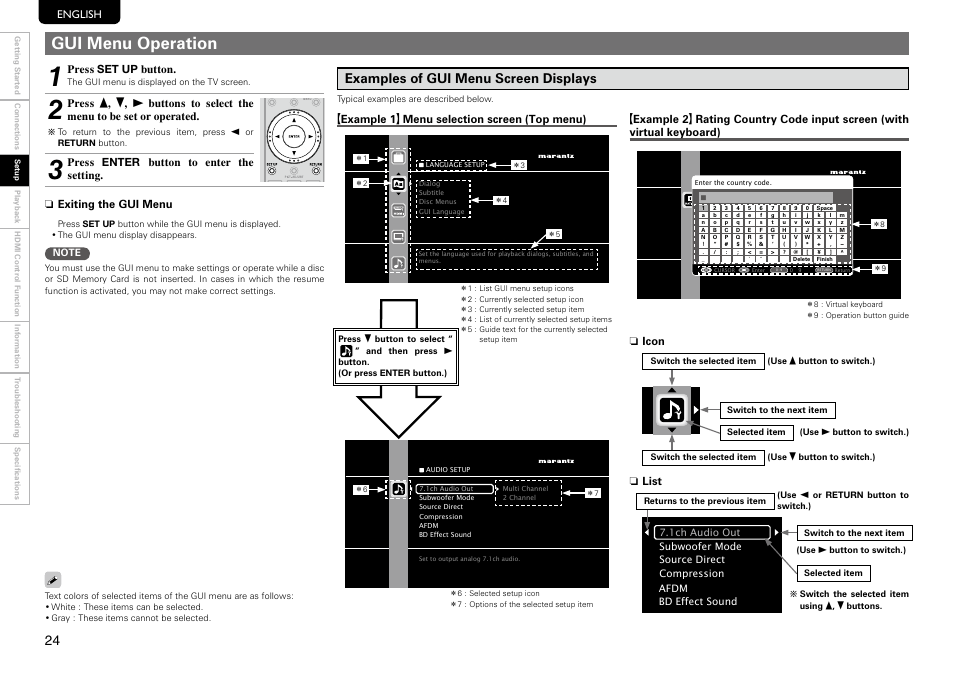 Gui menu operation, Examples of gui menu screen displays, English | Exiting the gui menu n, Press set up button, Press enter button to enter the setting | Marantz UD9004 User Manual | Page 28 / 73