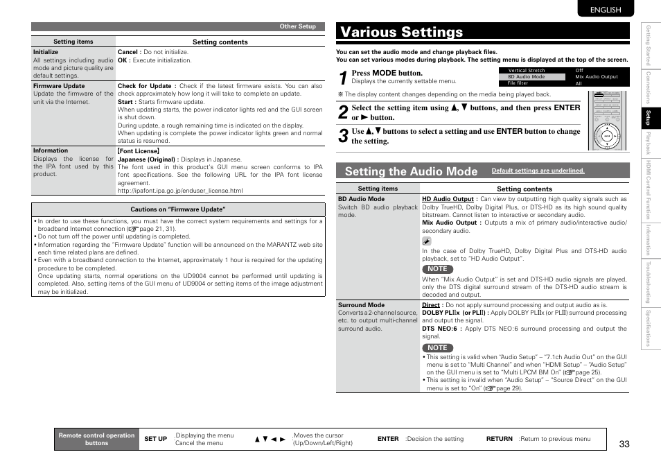 Various settings, Setting the audio mode | Marantz UD9004 User Manual | Page 37 / 73