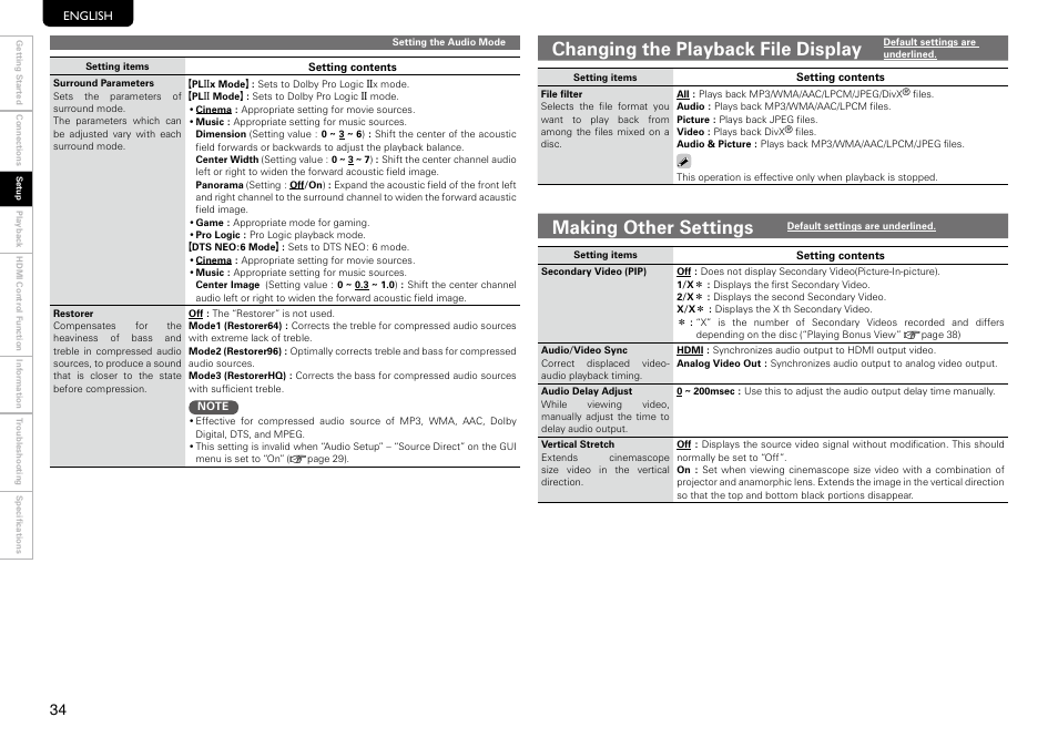 Changing the playback file display, Making other settings | Marantz UD9004 User Manual | Page 38 / 73