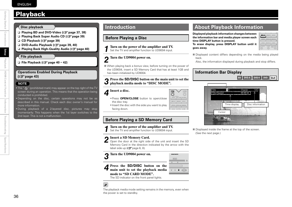 Playback, Introduction, About playback information | Marantz UD9004 User Manual | Page 40 / 73