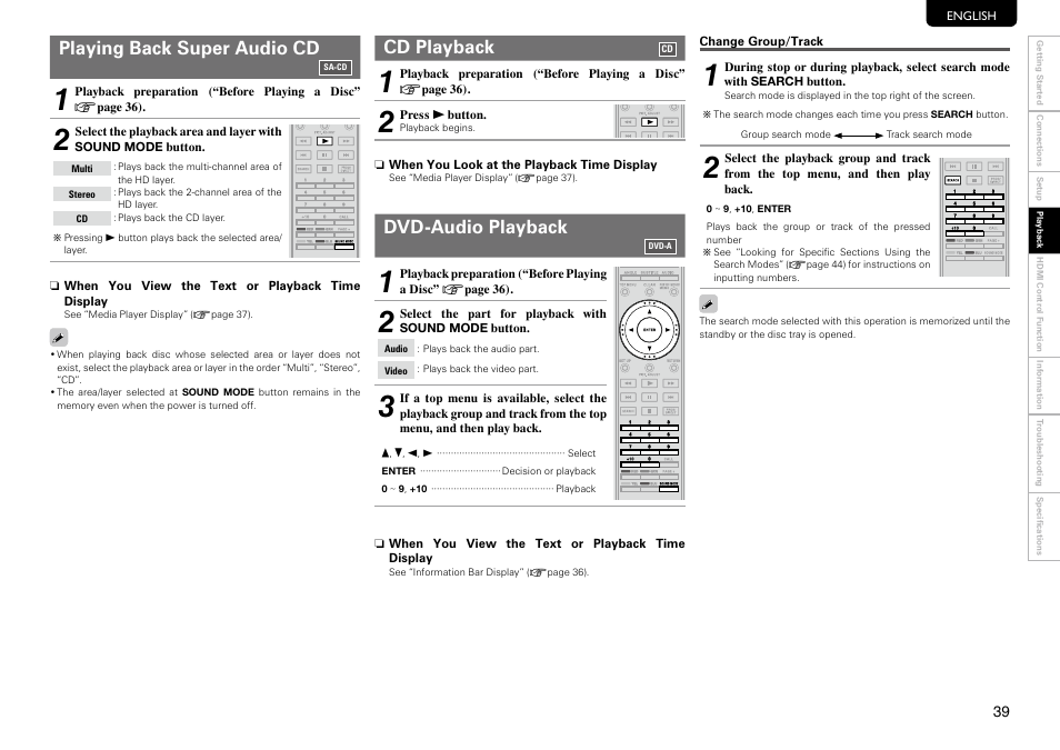 Playing back super audio cd, Cd playback, Dvd-audio playback | Marantz UD9004 User Manual | Page 43 / 73