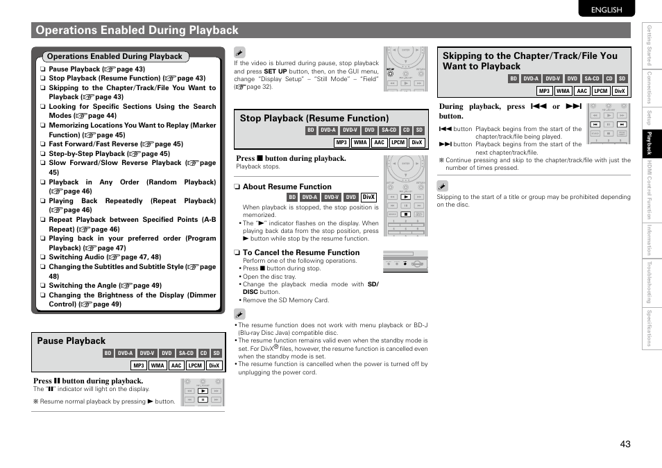 Operations enabled during playback, Pause playback, Stop playback (resume function) | Marantz UD9004 User Manual | Page 47 / 73